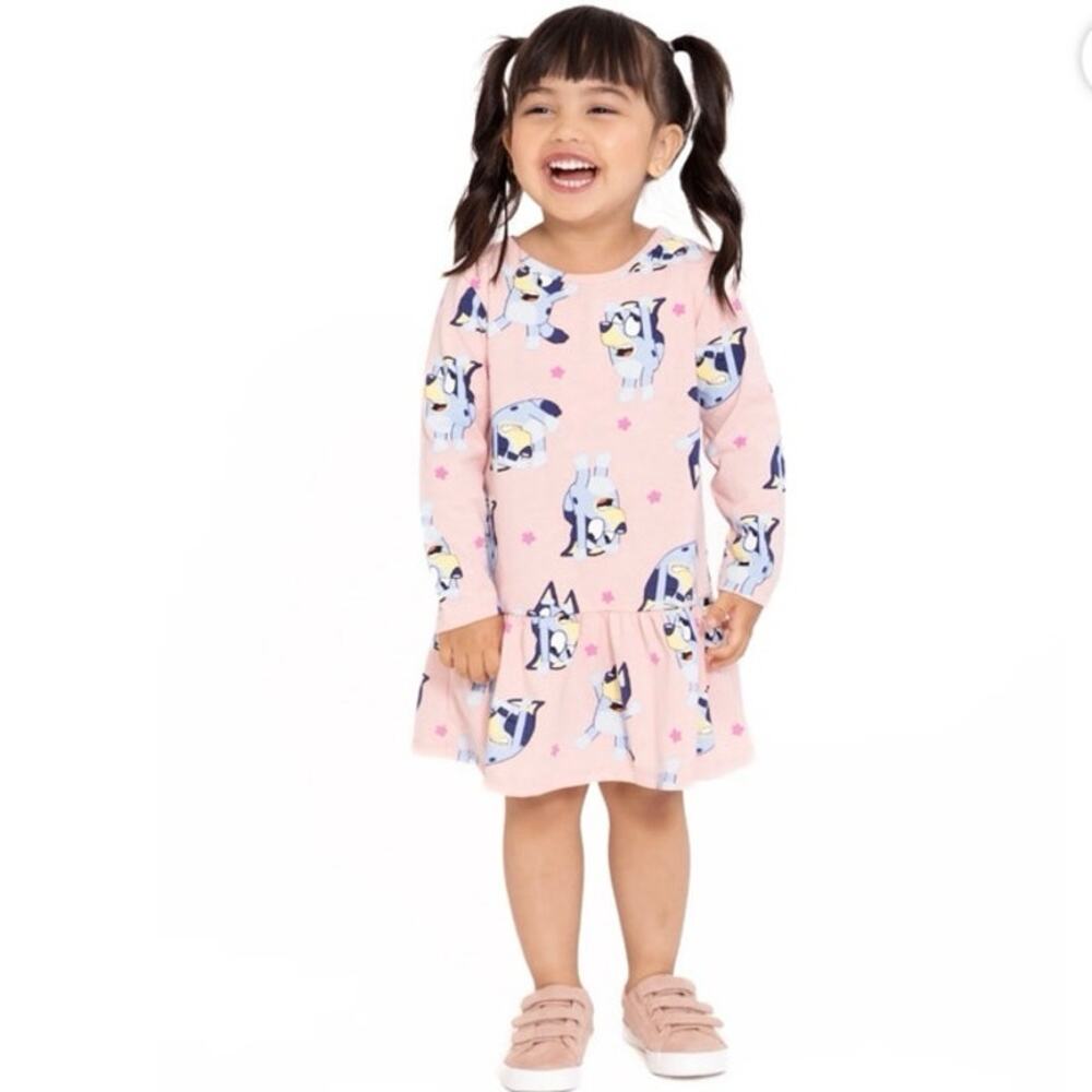 NWT Bluey Toddler Girl Print Drop Waist Dress with Long Sleeves, Size 12M